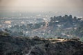 Beverly hills and hollywood hills at sunset during woosley fires