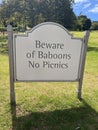 Beware of Baboon monkey warning sign in picnic area Royalty Free Stock Photo