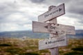 Beware of monotony text engraved on old wooden signpost outdoors in nature Royalty Free Stock Photo