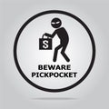 Beware pickpocket sign, thief icon illustration