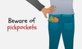 Beware of pickpockets concept. Human hand takes wallet or money cash from pocket. Vector illustration Royalty Free Stock Photo