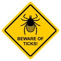 Beware of ticks! Yellow warning sign. Vector illustration. Warning of the infection risk from a tick bite. Black mite isolated on