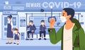 Beware to covid 19 vector illustration with people in train as public transportation, social distancing and wearing mask to