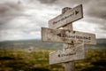 Bewildered, disoriented and unclear text on wooden signpost outdoors in nature. Royalty Free Stock Photo