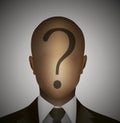 Bewildered employee idea, unknown information for worker, faceless man with question on the head,