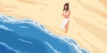 Bewildered woman standing in front of sea wave vector graphic illustration. Lonely pensive cartoon female looking at