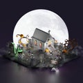 Isometric halloween graveyard illustration with creepy creatures