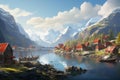 Bewitching Nordic village view snow. Generate Ai Royalty Free Stock Photo
