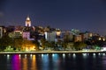 Beyoglu historic district and illuminated Galata tower medieval landmark in Istanbul at night, Turkey. Royalty Free Stock Photo