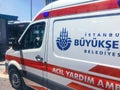 Close up of Istanbul Metropolitan Municipality ambulance on move. Translation: Emergency Ambulance