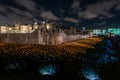 `Beyond the Deepening Shadow` light installation on Tower of London moat by designer Tom Piper and sound artist Mira Calix