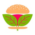 Beyond meat vector icon. Plant based hamburger. Green leaves instead of meat cutlet. Vegan product made from plants.
