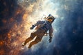 Beyond terrestrial confines, an astronaut immersed in cosmic grandeur