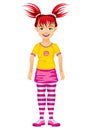 The young slim girl in yellow and pink clothes