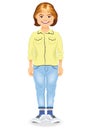 Picture of a young girl with rusty hair in a yellow shirt and blue pants