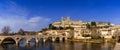 panorama view of the historic old town center of Beziers with Saint Nazaire Church and Roman bridge over the river Orb Royalty Free Stock Photo