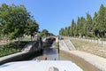 Beziers, Herault, France - August 20 2018: Looking towards the rushing water from the first lock of 9 at Les 9 Ecluses de