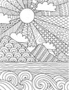Abstract intricate line art of sunrise on the beach for background, coloring book, coloring page with the size 8.5x11. Vector illu
