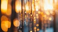 Glass tubes are suspended vertically, illuminated by warm, golden light Royalty Free Stock Photo