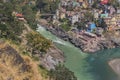 Bhagirathi river from left side and Alakananda river with turquoise blue colour from right side converge at Devprayag,Holy Royalty Free Stock Photo