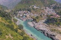 Bhagirathi river from left side and Alakananda river with turquoise blue colour from right side converge at Devprayag,Holy Royalty Free Stock Photo