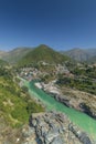 Bhagirathi river from left side and Alakananda river with turquoise blue colour from right side converge at Devprayag,Holy Royalty Free Stock Photo