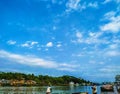 Bhairav River, Noapara, Jashore, Bangladesh : July 4, 2019: Riverside View, People, Boats,  Beautiful sky and natural vie Royalty Free Stock Photo