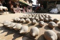 BHAKTAPUR DURBAR SQUARE, NEPAL - SEPT 27, 2017: Drying pottery in Bhaktapur pottery square, Nepal