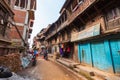 Bhaktapur, Nepal - October 29, 2021: City in the east corner of the Kathmandu Valley in Nepal. Street view of the narrow streets