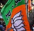 Bharatiya Janata Party Flag of Indian political party, BJP Bhartiya Janta Party Flag Waving during PM road show in Delhi, India