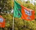 Bharatiya Janata Party Flag of Indian political party, BJP Bhartiya Janta Party Flag Waving during PM road show in Delhi, India