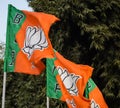 Bharatiya Janata Party Flag of Indian political party, BJP Bhartiya Janta Party Flag Waving during PM road show in Delhi, India