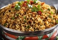 Bhel Puri - Popular Mumbai street food served with coriander and tamarind chutney on white background, selective focus