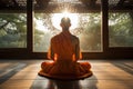 A bhikkhu Buddhist priest in temple meditating. AI Generated Royalty Free Stock Photo