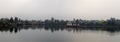 Panoramic view over Bindu Sagara lake with reflection of the historic temples in Bhubanswar, Odisha, India