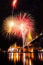 Bhumibol Bridge with fireworks Royalty Free Stock Photo