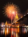 Bhumibol Bridge with fireworks Royalty Free Stock Photo