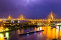 Bhumibol Bridge is one of the most beautiful bridges in Thailand and area view for Bangkok with thunderclap. Royalty Free Stock Photo