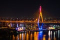 Bhumibol suspension bridge over Chao Phraya River at night in Bangkok city, Thailand Royalty Free Stock Photo