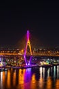 Bhumibol suspension bridge over Chao Phraya River at night in Bangkok city, Thailand Royalty Free Stock Photo