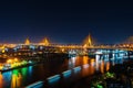 Bhumibol suspension bridge over Chao Phraya River at night in Bangkok city, Thailand Royalty Free Stock Photo