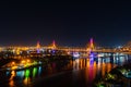 Bhumibol suspension bridge over Chao Phraya River at night in Bangkok city, Thailand Royalty Free Stock Photo