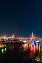 Bhumibol suspension bridge over Chao Phraya River at night in Bangkok city, Thailand Royalty Free Stock Photo