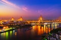 Bhumibol suspension bridge over Chao Phraya River with sunrise in Bangkok city, Thailand Royalty Free Stock Photo