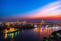 Bhumibol suspension bridge over Chao Phraya River at sunset in Bangkok city, Thailand Royalty Free Stock Photo