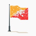 Bhutan flag with scratches, vector flag of Bhutan waving on flagpole with shadow.