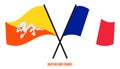 Bhutan and France Flags Crossed And Waving Flat Style. Official Proportion. Correct Colors