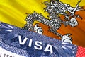 Bhutan Visa Document, with Bhutan flag in background. Bhutan flag with Close up text VISA on USA visa stamp in passport,3D Royalty Free Stock Photo