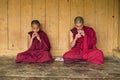 Bhutanese Buddhist novice monks sitting and playing flute , Bhutan
