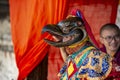 Bhutanese Cham masked dance, Buddhist lama dance, dancers behind the curtain and waiting for the play , Bumthang, central Bhutan.